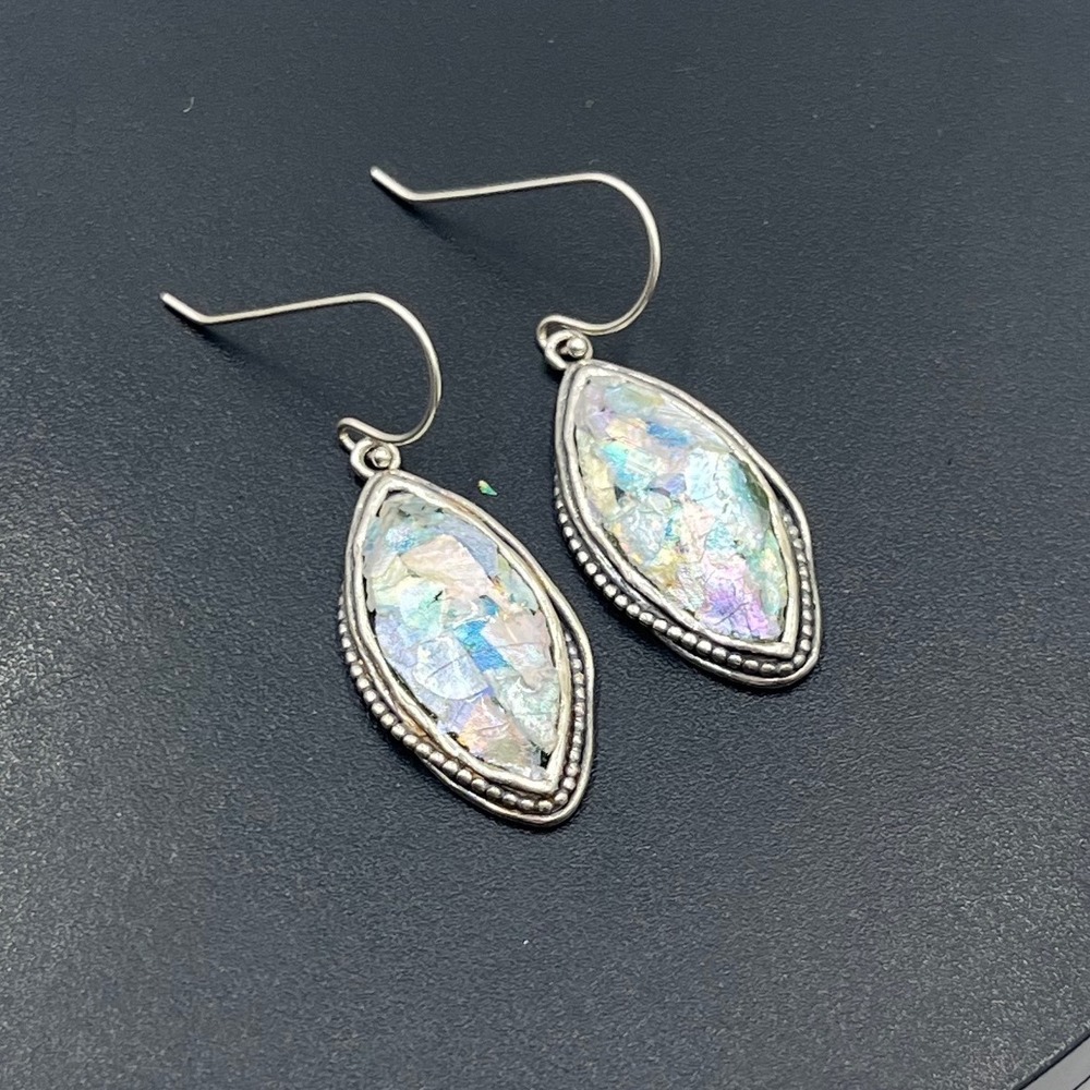 PZ PAZ‎ Creations Israel 925 Sterling Roman Glass Checkerboard  Dangle Earring